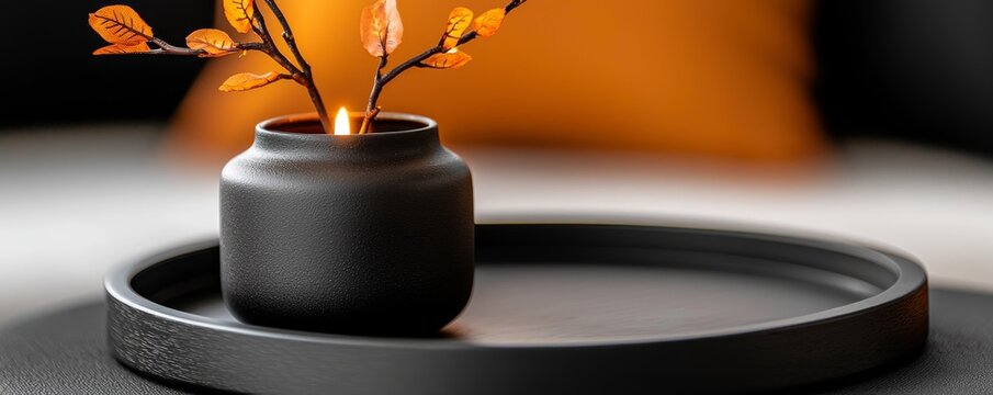 Illuminated Candle in Black Vessel with Autumn Branches
