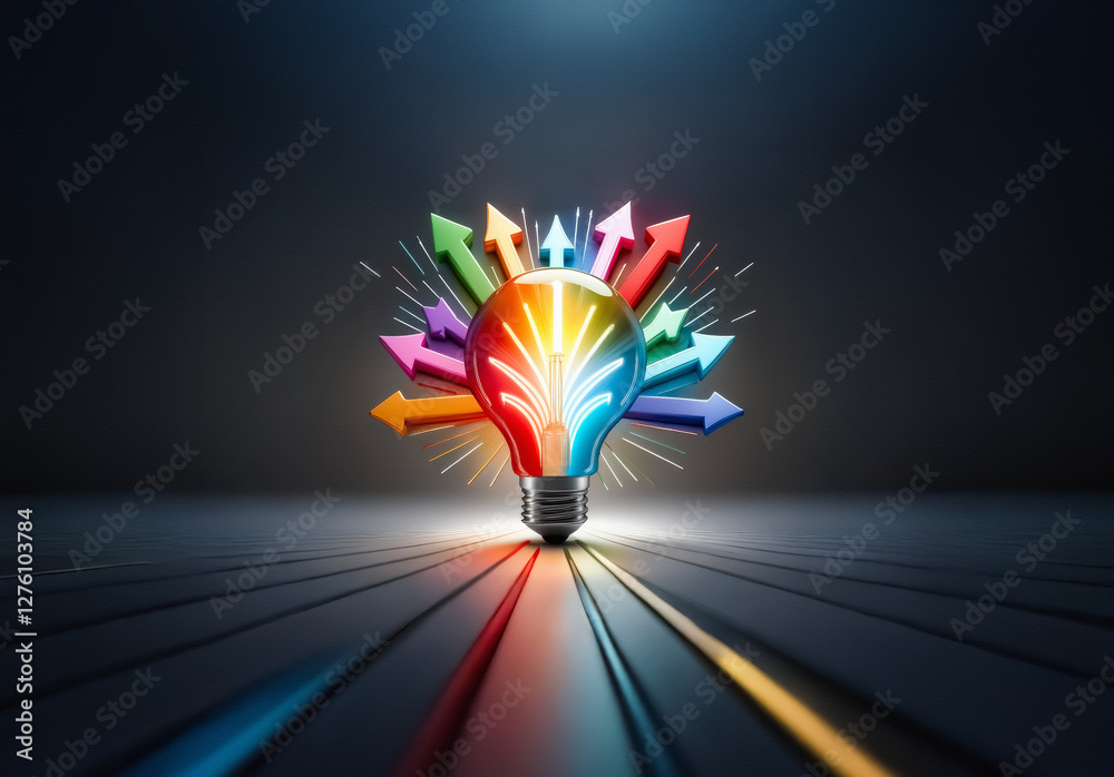 Aufkleber a bright lightbulb radiates colorful arrows on a lined surface against a dark backdrop. it represent