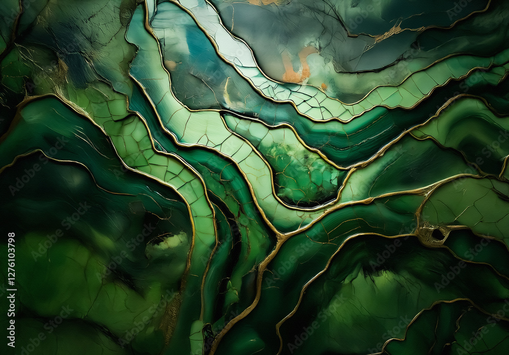 Poster abstract artwork featuring flowing green and gold lines creating an organic, textured, and layered v