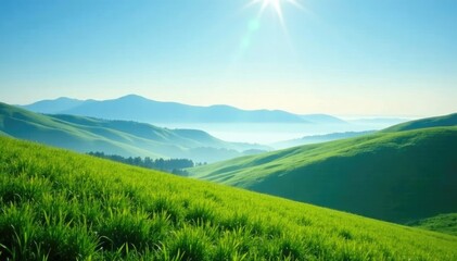 Obraz premium Gentle morning mist rises above rolling hills under a bright blue sky, soft focus, sky