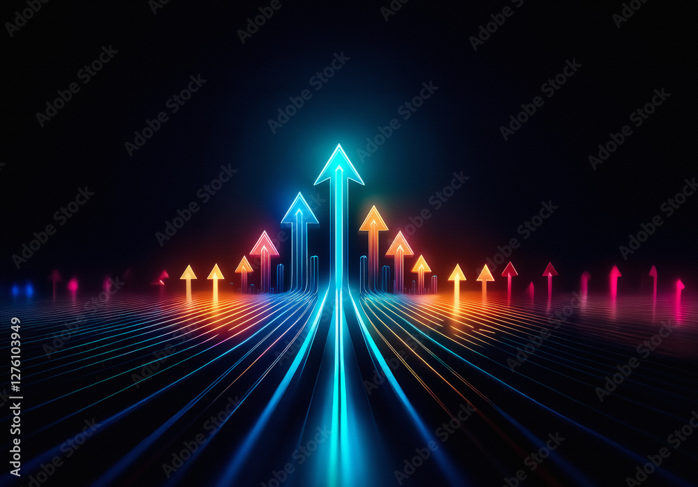 Poster Illuminated arrows ascend dynamically from the perspective lines against a dark backdrop. Vibrant neon hues create a futuristic and directional scene, suggesting progress.