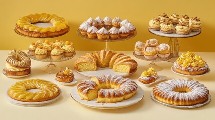 A vibrant display of assorted desserts including cakes and pastries on elegant stands against a yellow backdrop