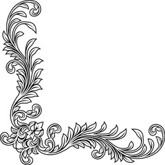 A filigree heraldic crest motif floral pattern corner border frame design element. Original design in a vintage style.