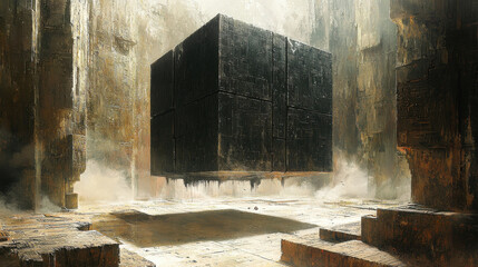 hypercube structure floating in surreal, ancient environment, evoking mystery and awe