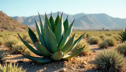 Mature maguey agave americana with thick stem and flat leaves, desert, leafy, cactus