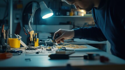Damaged cables being repaired by a professional in a tech workshop. Featuring problem-solving and technical repair skills
