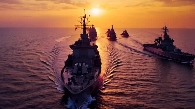 Fleet Of Warships At Golden Sunset