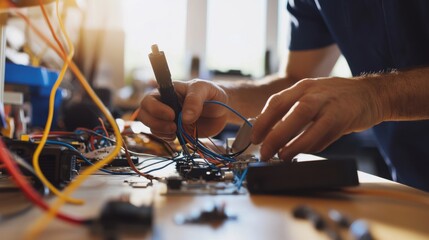 Damaged cables being repaired by a technician in a bright and minimalist office. Featuring repair expertise and technical skill