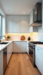 Modern kitchen with stainless steel appliances, quartz, backsplash
