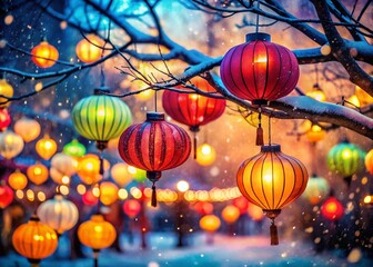 Obraz premium Chinese New Year Lanterns Hanging on Tree, Illuminated Night, Festive Double Exposure