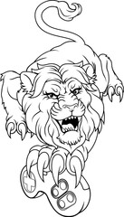 A lion gamer with video game controller sports team animal mascot