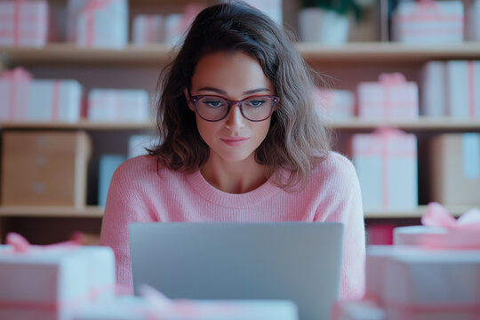 Dedicated businesswoman processing customer orders, enhancing online store performance, fine-tuning sales strategy, ensuring e-commerce success and efficiency.