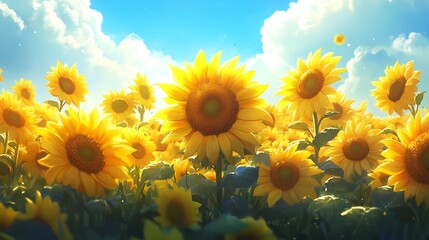 Sunny sunflower field, beautiful landscape, nature scene, perfect for background or desktop use
