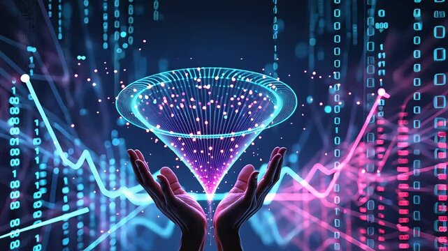 Artificial intelligence concept with digital hands holding a glowing funnel of data streams
