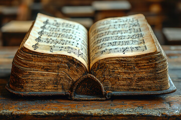 Obraz premium open book with music notes on aged pages, resting on wooden surface, evokes sense of nostalgia and creativity