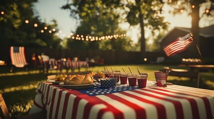 Patriotic Summer Backyard BBQ Festive Food Drinks Celebration day fun red july flag blue warm party table happy white   