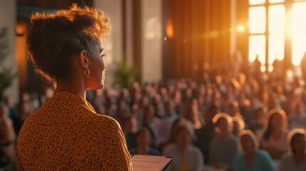 Engaging Speaker Inspires Audience at Event with Bright Sunrise Light