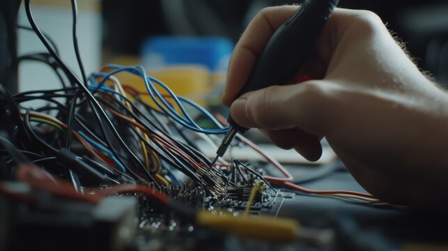 Damaged cables being repaired by a technician in a bright workspace. Featuring technical troubleshooting and repair techniques