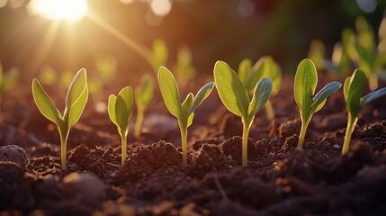 Young plants growing in soil at sunset.