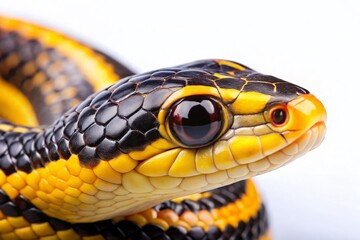 Obraz premium Close-up Aerial View of Snake with Yellow and Black Head Stripes on White Background