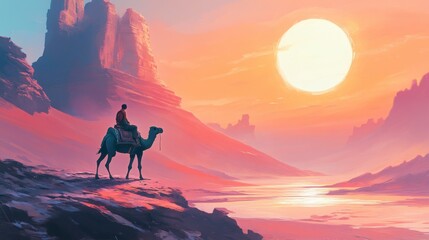 Fototapeta premium A traveler riding a camel across the vast desert, with the hot sun reflecting off the sand in a peaceful atmosphere