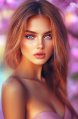 Fototapeta premium A beautiful woman in a pink dress, with a slim waist, against a soft purple background with bokeh lights. She has long hair, perfect makeup on her face and eyes, and a beautiful body.