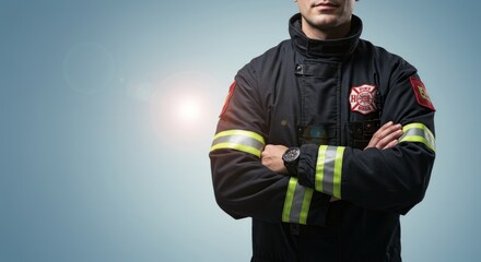 confident firefighter with uniform , mid-section close-up, arms crossed over chest. dark navy-gray fire-resistant uniform . Visible emblem/badge on the upper left of the jacket.