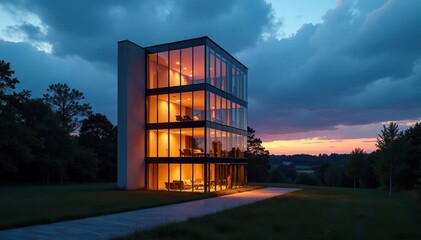 Fototapeta premium Glasfront eines Hochhauses im grauen Licht der D?mmerung, Stille, Abendhimmel