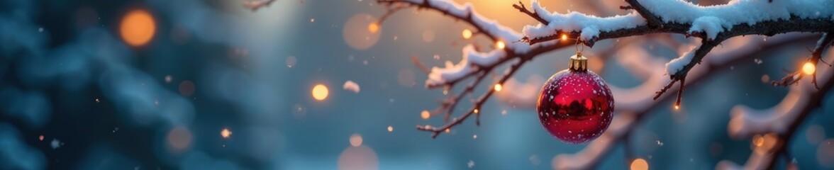 Snow-covered branch holds a warm red ornament, atmosphere, lights