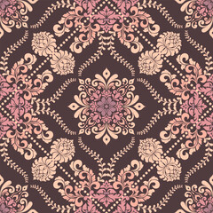 Vector ornament bandana Victorian print. Silk neck scarf or kerchief square pattern design.  Damask seamless pattern best motive for print on fabric, Hijab or wrapping paper.