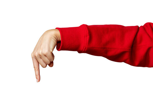 Female hand in red sleeve pointing downward
