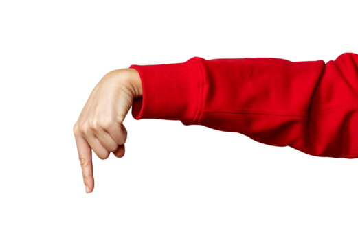 Female hand in red sleeve pointing downward