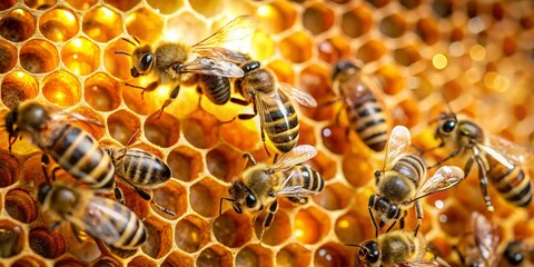 Close-up Candid Shot: Busy Bees at Work in Honeycomb, Honey Production