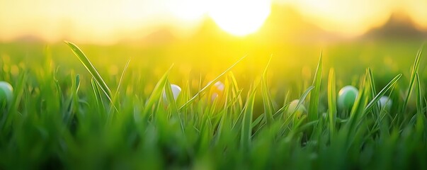 Obraz premium A serene sunrise casts a warm glow over a field of lush green grass, creating a peaceful and natural atmosphere.