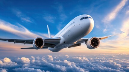 Obraz premium A commercial airplane soaring through a vibrant blue sky with fluffy white clouds below, bathed in the warm glow of sunset creating a serene travel