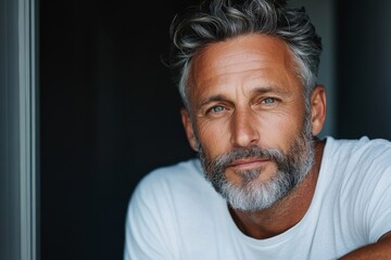 Obraz premium minimalistic portrait of middle aged handsome European man 50 years old in white T-shirt