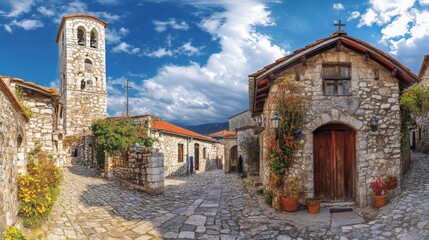 Fototapeta premium Panoramic View of Historic Church in Old Town with Classic Architecture and Scenic Urban Landscape, Traditional Religious Landmark with Vintage European Style