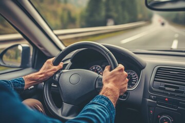Hands on Steering Wheel While Driving on Open Road Trip