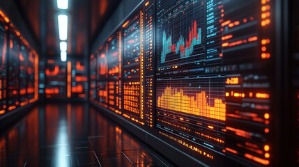 Data analysis room with multiple screens showing financial graphs, trends, and AI predictions