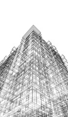 Futuristic Architectural Wireframe – Abstract Skyscraper Cityscape with Geometric Perspective