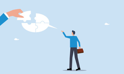 Complete communication speech bubble, solve or help employee communicate with dialogue puzzle, discussion or negotiation skill concept, businessman hand help connect jigsaw on speech bubble.