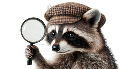 Curious raccoon detective holding magnifying glass, isolated on transparent background