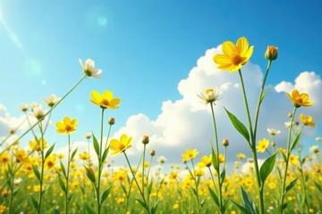 Fototapeta premium Tall yellow flowers with bright golden centers on a clear blue sky with fluffy white clouds, nature, golden