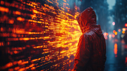 Fototapeta premium Hacker using advanced tools, a cyberattack visualized as lines of encrypted data flowing rapidly