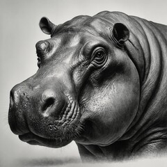 A detailed pencil sketch of a hippopotamus with a strong contrast on white paper.