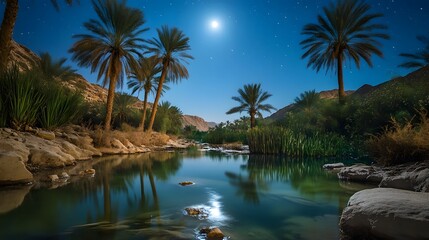 Obraz premium Serene Night Landscape Featuring Palm Trees by a Tranquil River Under a Bright Moonlit Sky