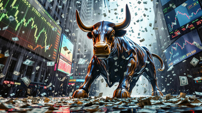 Est&aacute;tua dourada de touro em Wall Street cercada por notas de dinheiro e gr&aacute;ficos financeiros, simbolizando poder, riqueza e o mercado de a&ccedil;&otilde;es.