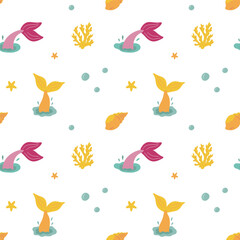 Seamless pattern with cute mermaids.  Underwater pattern. Ocean pattern. Fairy tale pattern. Vector illustration.
