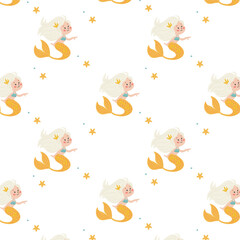 Seamless pattern with cute cartoon mermaids and sea shells. Vector for printing on children's products. 