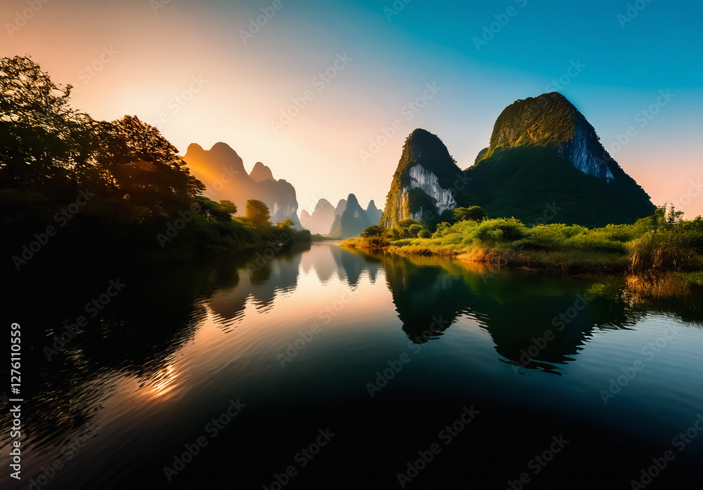 Poster serene landscape with a calm river reflecting lush mountains and trees under a warm sunset sky. tran